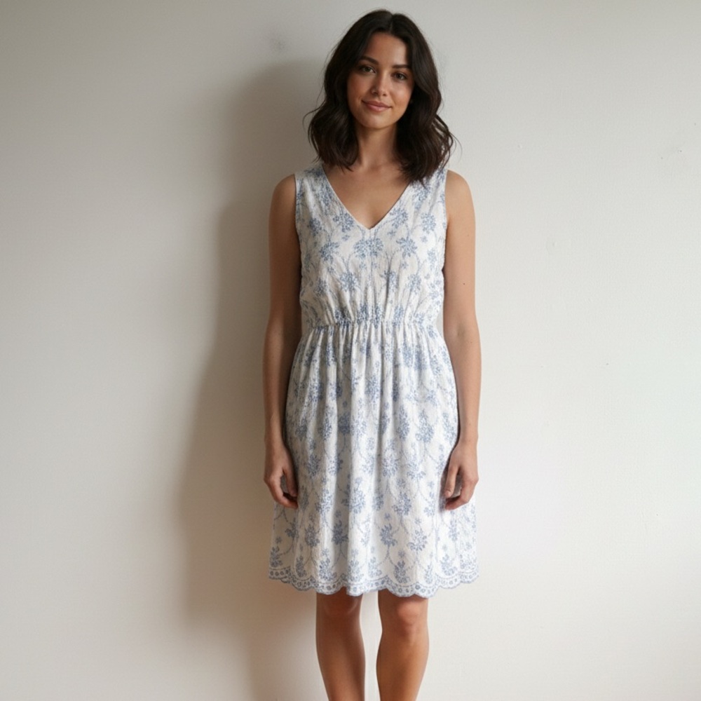 Joie S M White Dainty Eyelet Blue Floral Feminine Dress